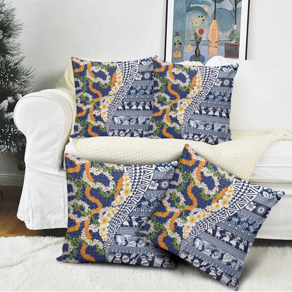 Hawaiian Plumeria Lei Pillow Cover Kakau Motifs and Palaka Half Style Blue Color LT03 - Polynesian Pride