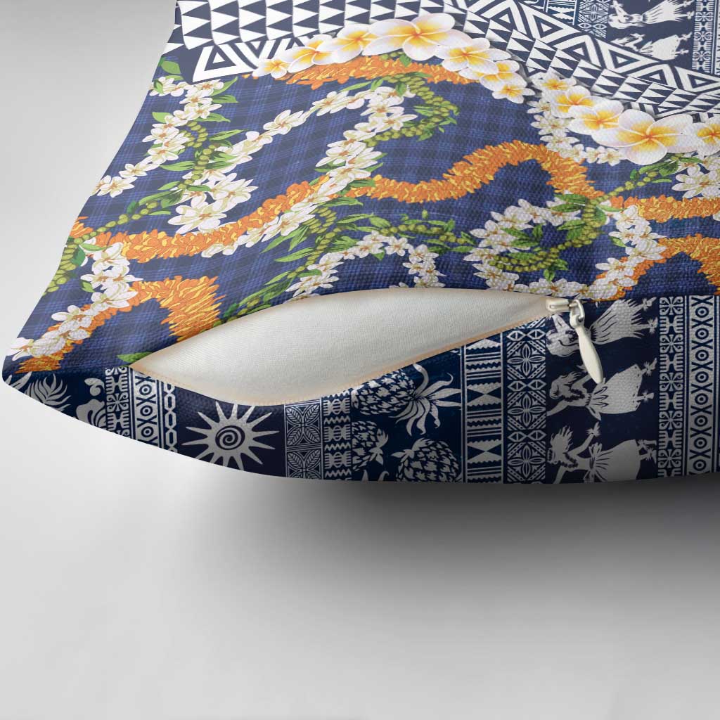 Hawaiian Plumeria Lei Pillow Cover Kakau Motifs and Palaka Half Style Blue Color LT03 - Polynesian Pride