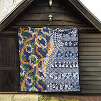 Hawaiian Plumeria Lei Quilt Kakau Motifs and Palaka Half Style Blue Color - Polynesian Pride