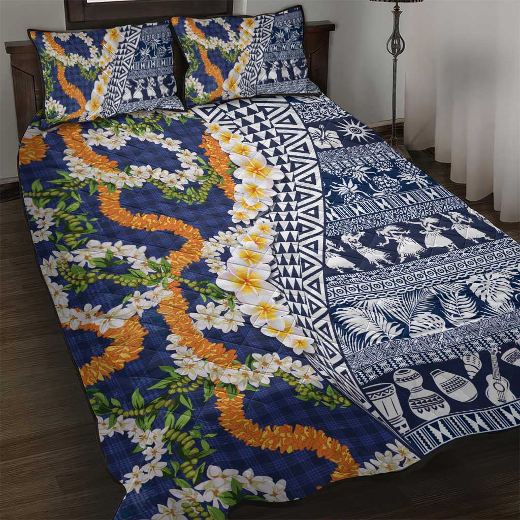 Hawaiian Plumeria Lei Quilt Bed Set Kakau Motifs and Palaka Half Style Blue Color LT03 Blue - Polynesian Pride