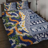 Hawaiian Plumeria Lei Quilt Bed Set Kakau Motifs and Palaka Half Style Blue Color LT03 Blue - Polynesian Pride