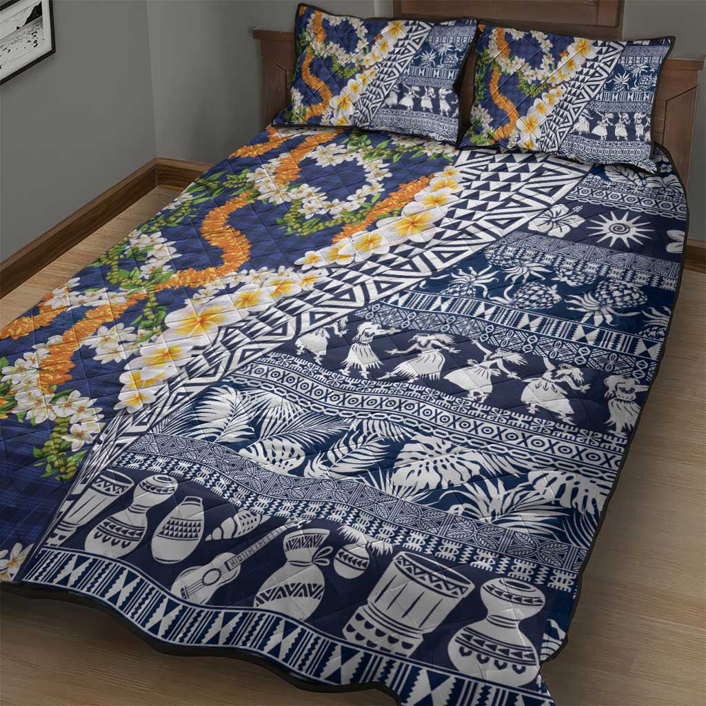 Hawaiian Plumeria Lei Quilt Bed Set Kakau Motifs and Palaka Half Style Blue Color LT03 - Polynesian Pride