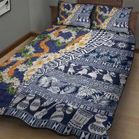 Hawaiian Plumeria Lei Quilt Bed Set Kakau Motifs and Palaka Half Style Blue Color LT03 - Polynesian Pride