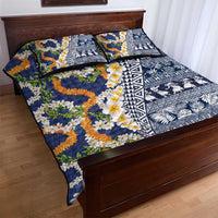 Hawaiian Plumeria Lei Quilt Bed Set Kakau Motifs and Palaka Half Style Blue Color LT03 - Polynesian Pride