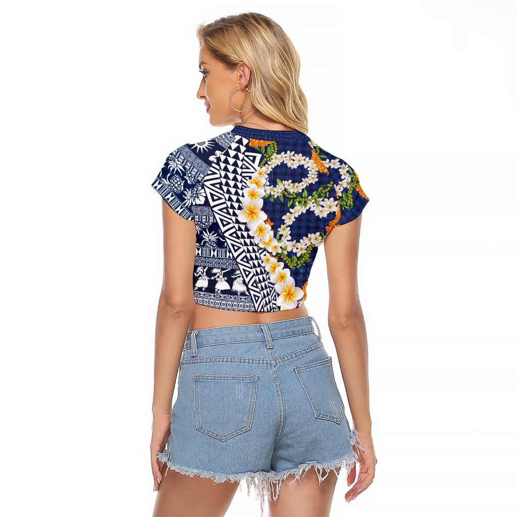 Hawaiian Plumeria Lei Raglan Cropped T Shirt Kakau Motifs and Palaka Half Style Blue Color LT03 - Polynesian Pride