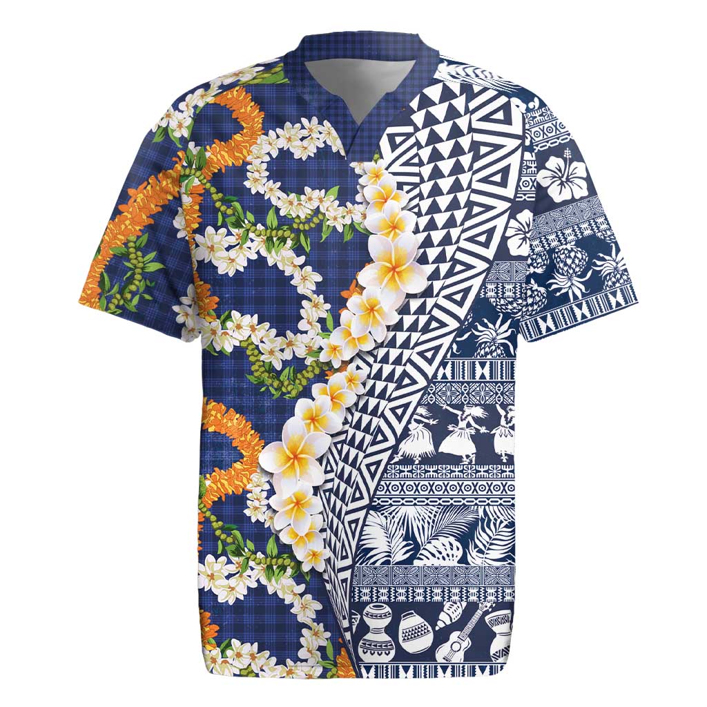 Hawaiian Plumeria Lei Rugby Jersey Kakau Motifs and Palaka Half Style Blue Color LT03 Blue - Polynesian Pride