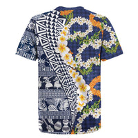 Hawaiian Plumeria Lei Rugby Jersey Kakau Motifs and Palaka Half Style Blue Color LT03 - Polynesian Pride