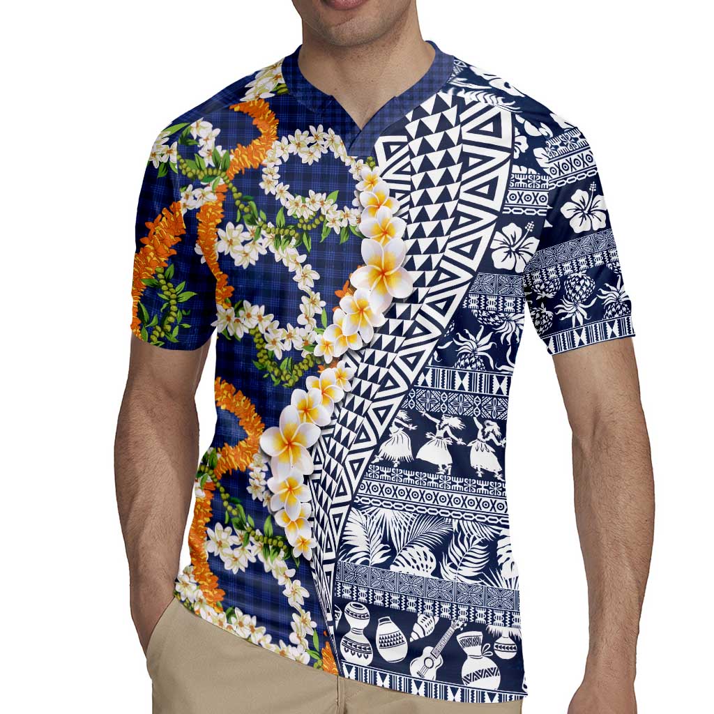 Hawaiian Plumeria Lei Rugby Jersey Kakau Motifs and Palaka Half Style Blue Color LT03 - Polynesian Pride