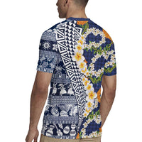 Hawaiian Plumeria Lei Rugby Jersey Kakau Motifs and Palaka Half Style Blue Color LT03 - Polynesian Pride