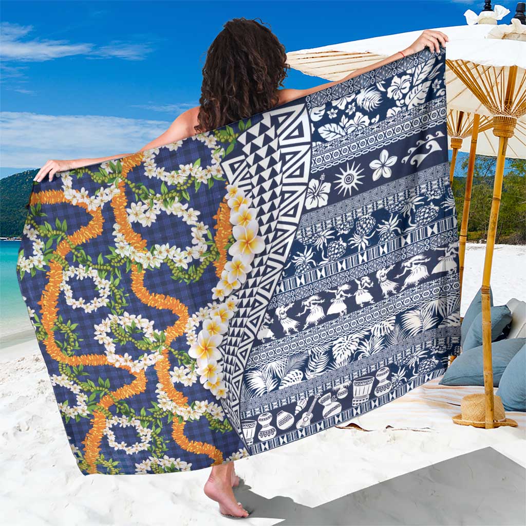 Hawaiian Plumeria Lei Sarong Kakau Motifs and Palaka Half Style Blue Color - Polynesian Pride
