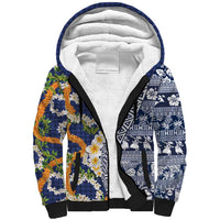 Hawaiian Plumeria Lei Sherpa Hoodie Kakau Motifs and Palaka Half Style Blue Color LT03 Unisex Blue - Polynesian Pride