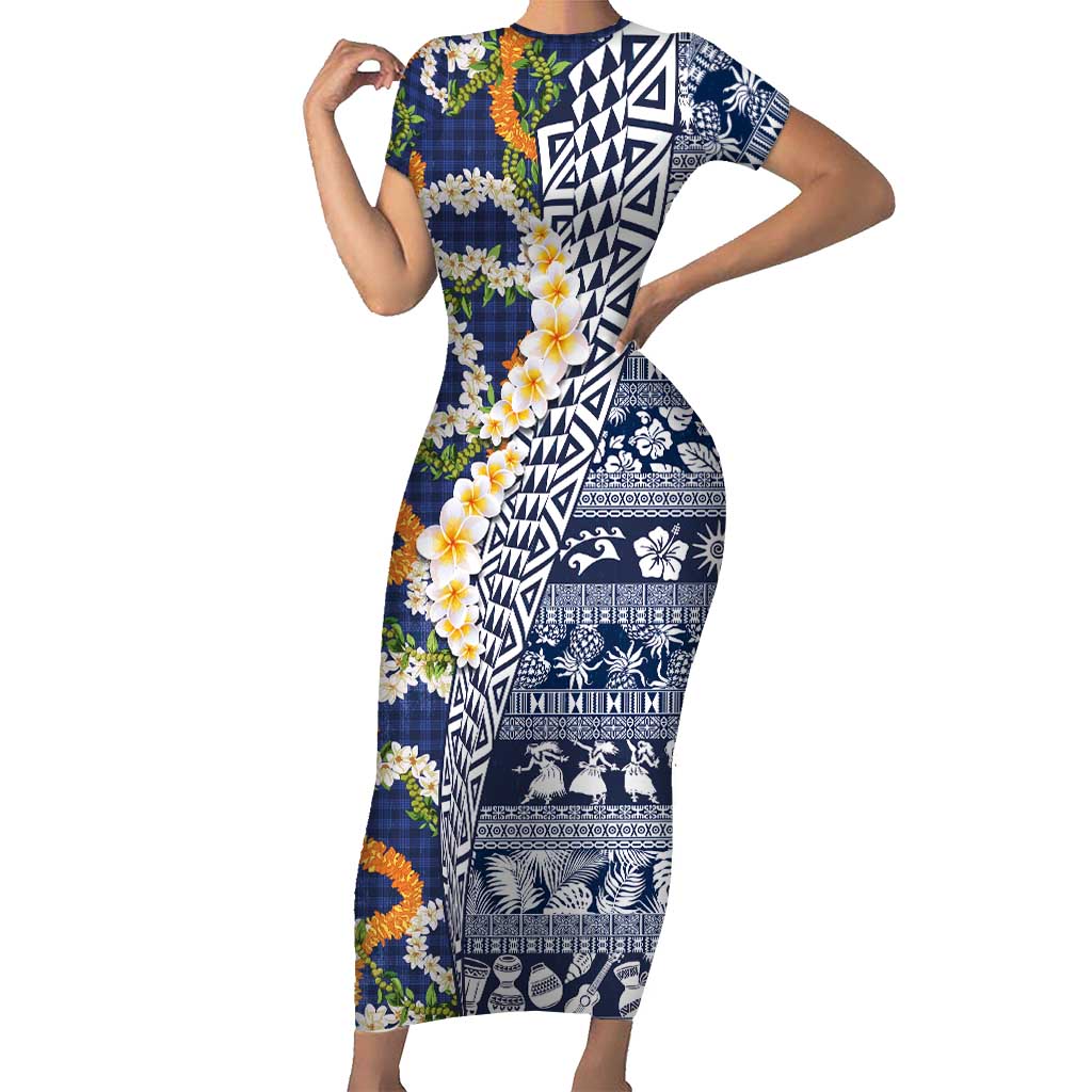 Hawaiian Plumeria Lei Short Sleeve Bodycon Dress Kakau Motifs and Palaka Half Style Blue Color - Polynesian Pride