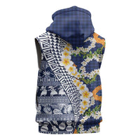 Hawaiian Plumeria Lei Sleeveless Hoodie Kakau Motifs and Palaka Half Style Blue Color LT03 - Polynesian Pride