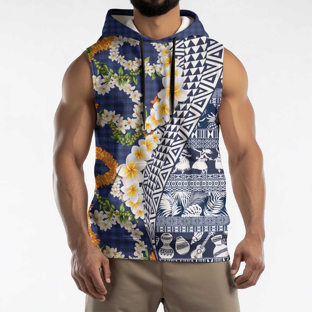 Hawaiian Plumeria Lei Sleeveless Hoodie Kakau Motifs and Palaka Half Style Blue Color LT03 - Polynesian Pride