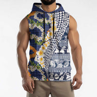 Hawaiian Plumeria Lei Sleeveless Hoodie Kakau Motifs and Palaka Half Style Blue Color LT03 - Polynesian Pride
