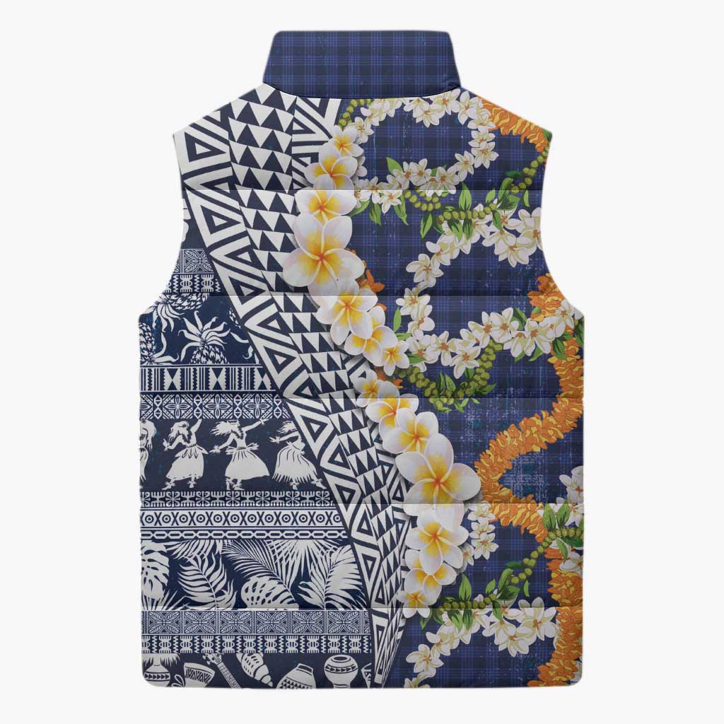 Hawaiian Plumeria Lei Sleeveless Puffer Jacket Kakau Motifs and Palaka Half Style Blue Color LT03 - Polynesian Pride