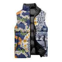 Hawaiian Plumeria Lei Sleeveless Puffer Jacket Kakau Motifs and Palaka Half Style Blue Color LT03 - Polynesian Pride