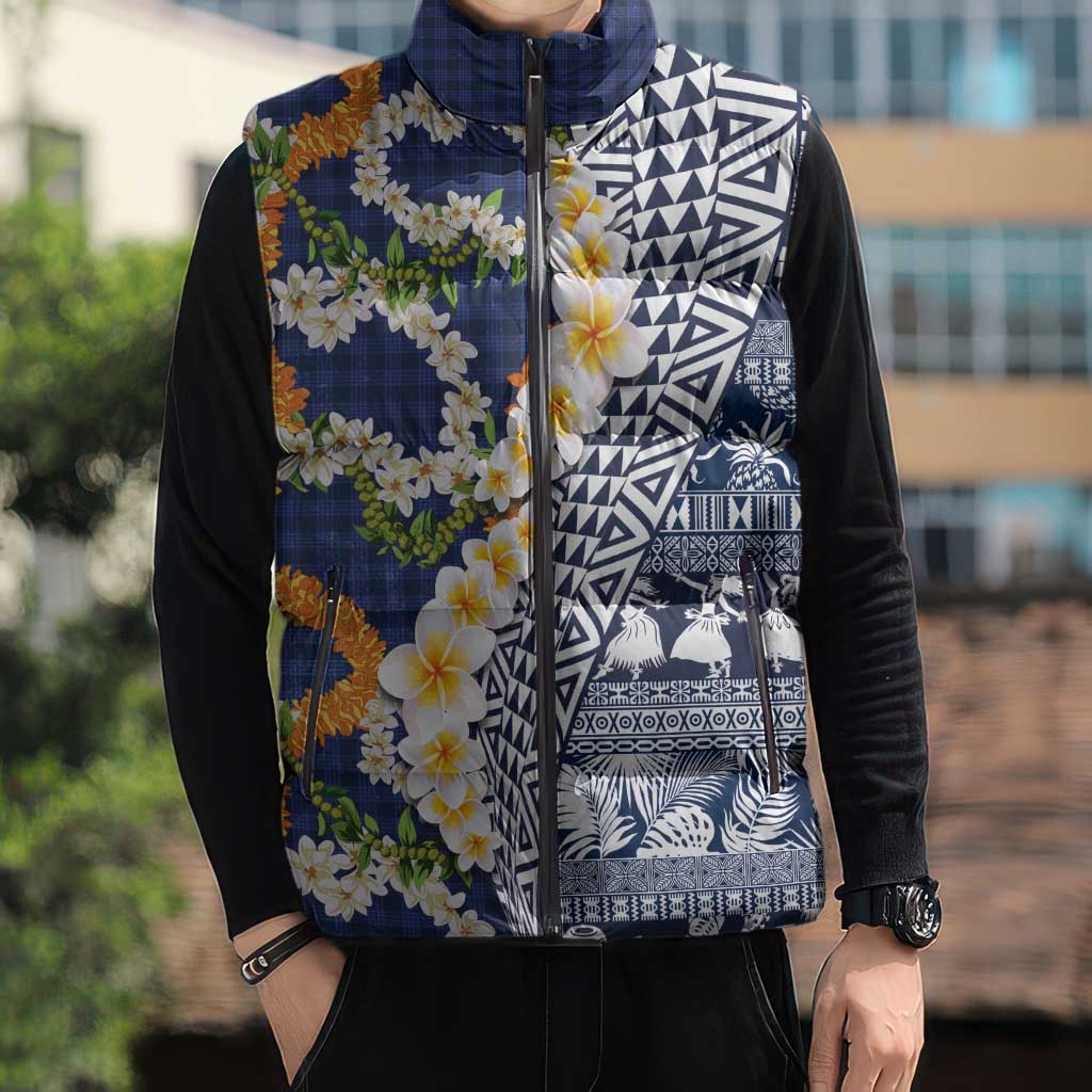 Hawaiian Plumeria Lei Sleeveless Puffer Jacket Kakau Motifs and Palaka Half Style Blue Color LT03 - Polynesian Pride
