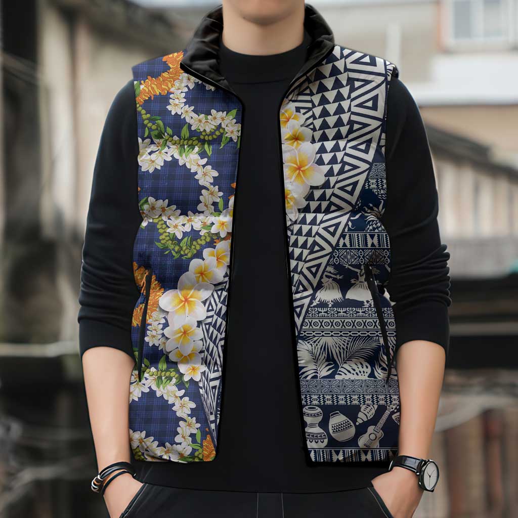 Hawaiian Plumeria Lei Sleeveless Puffer Jacket Kakau Motifs and Palaka Half Style Blue Color LT03 - Polynesian Pride