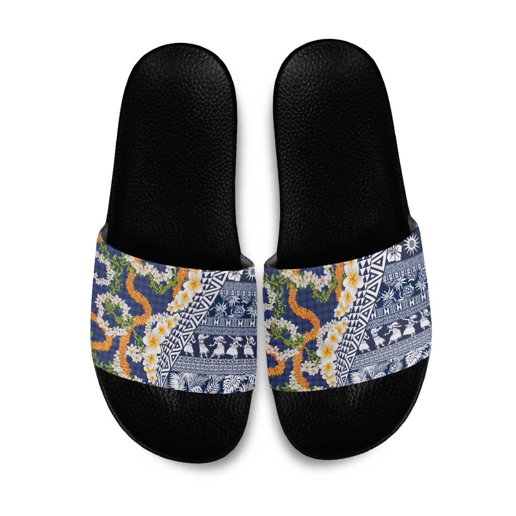 Hawaiian Plumeria Lei Slide Sandals Kakau Motifs and Palaka Half Style Blue Color LT03 Blue - Polynesian Pride