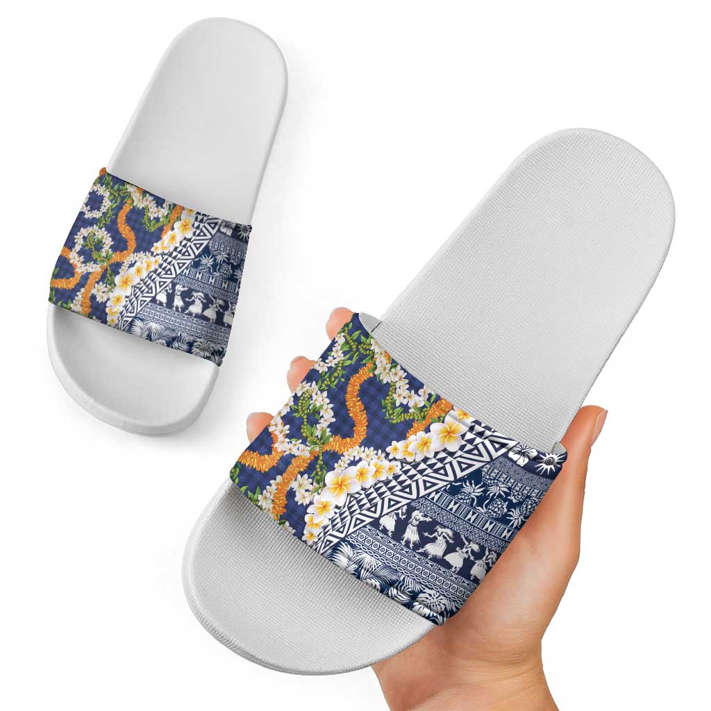Hawaiian Plumeria Lei Slide Sandals Kakau Motifs and Palaka Half Style Blue Color LT03 - Polynesian Pride