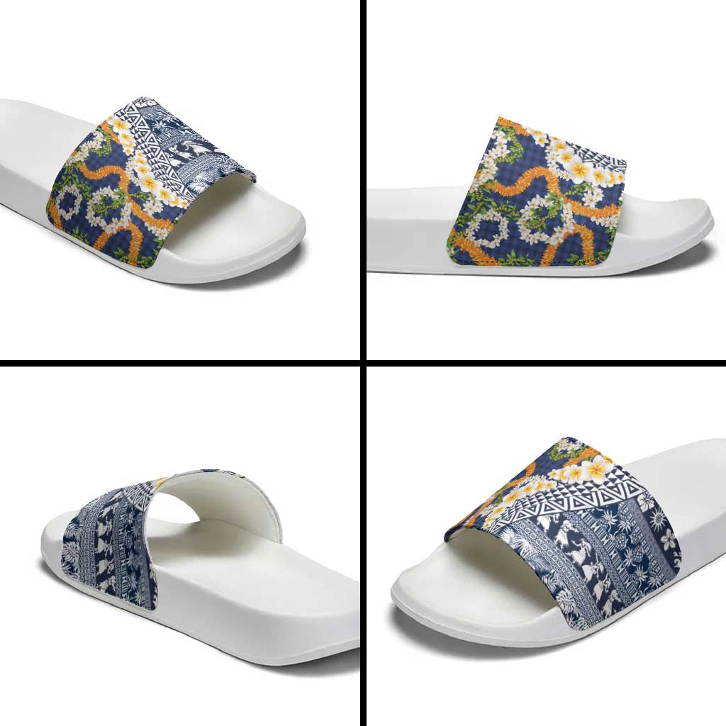 Hawaiian Plumeria Lei Slide Sandals Kakau Motifs and Palaka Half Style Blue Color LT03 - Polynesian Pride