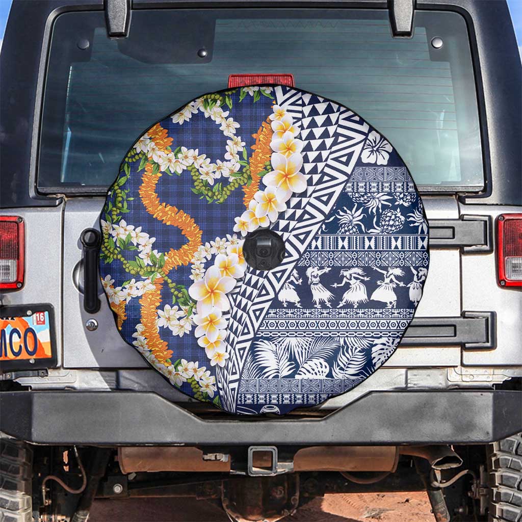 Hawaiian Plumeria Lei Spare Tire Cover Kakau Motifs and Palaka Half Style Blue Color LT03 Blue - Polynesian Pride