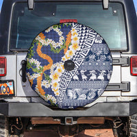 Hawaiian Plumeria Lei Spare Tire Cover Kakau Motifs and Palaka Half Style Blue Color LT03 Blue - Polynesian Pride