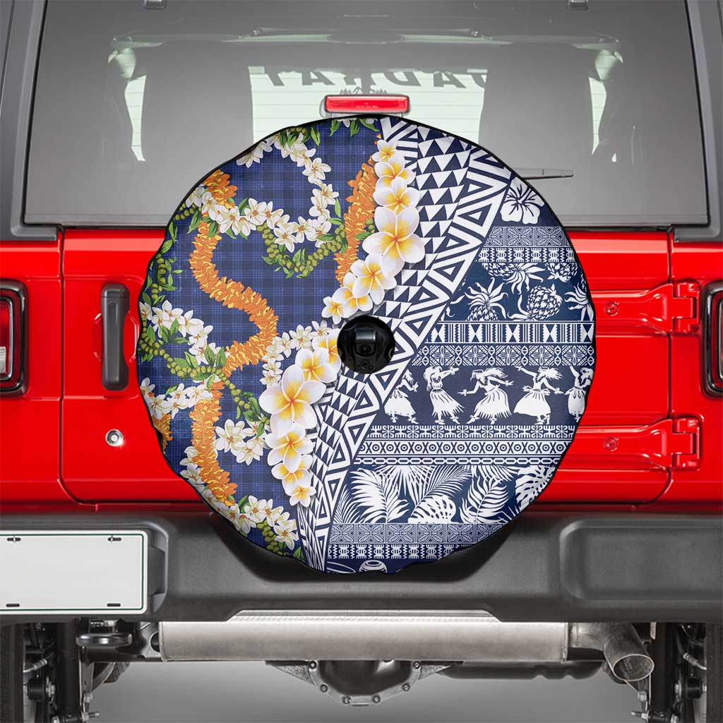 Hawaiian Plumeria Lei Spare Tire Cover Kakau Motifs and Palaka Half Style Blue Color LT03 - Polynesian Pride