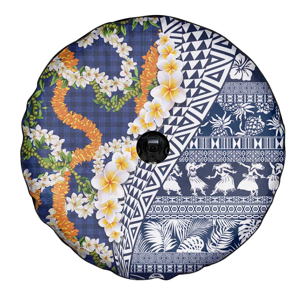 Hawaiian Plumeria Lei Spare Tire Cover Kakau Motifs and Palaka Half Style Blue Color LT03 - Polynesian Pride
