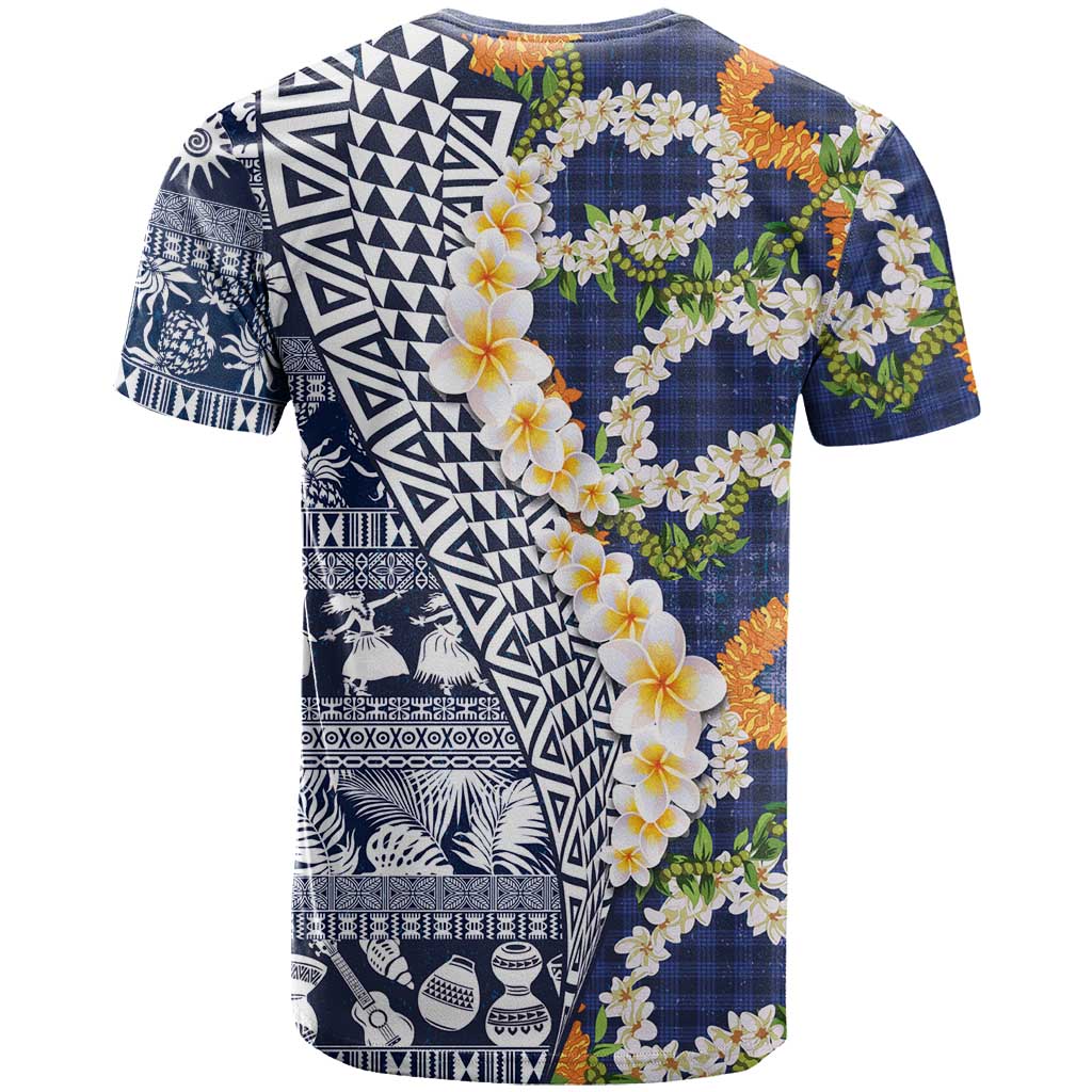 Hawaiian Plumeria Lei T Shirt Kakau Motifs and Palaka Half Style Blue Color LT03 - Polynesian Pride