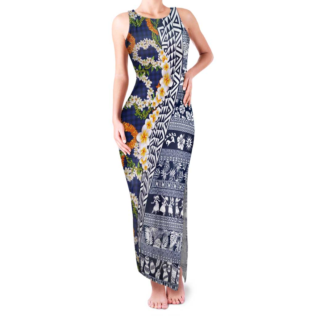 Hawaiian Plumeria Lei Tank Maxi Dress Kakau Motifs and Palaka Half Style Blue Color LT03 Women Blue - Polynesian Pride