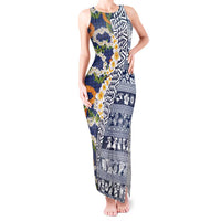 Hawaiian Plumeria Lei Tank Maxi Dress Kakau Motifs and Palaka Half Style Blue Color LT03 Women Blue - Polynesian Pride