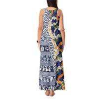Hawaiian Plumeria Lei Tank Maxi Dress Kakau Motifs and Palaka Half Style Blue Color LT03 - Polynesian Pride