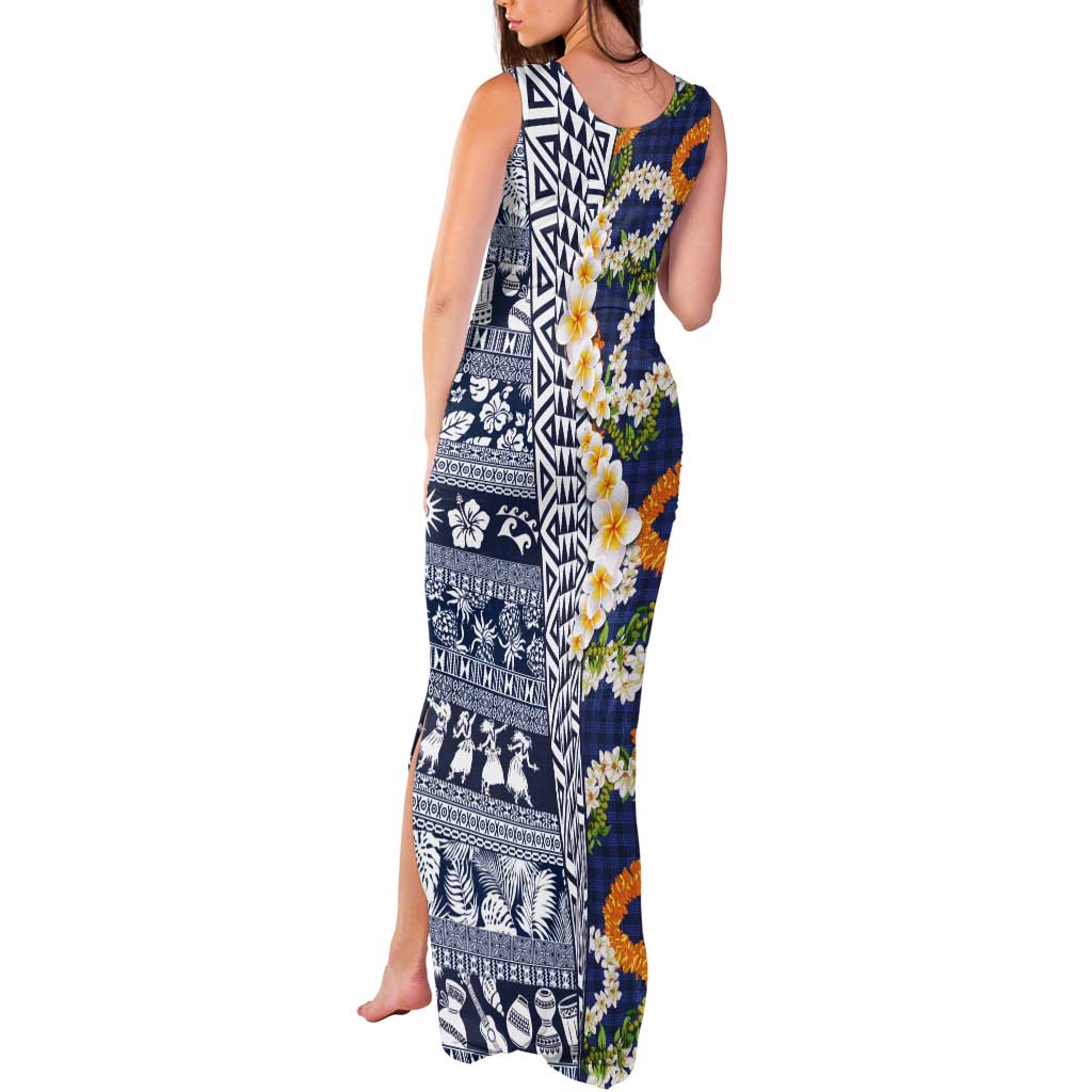 Hawaiian Plumeria Lei Tank Maxi Dress Kakau Motifs and Palaka Half Style Blue Color LT03 - Polynesian Pride