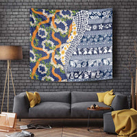 Hawaiian Plumeria Lei Tapestry Kakau Motifs and Palaka Half Style Blue Color - Polynesian Pride