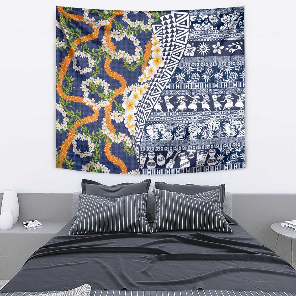 Hawaiian Plumeria Lei Tapestry Kakau Motifs and Palaka Half Style Blue Color - Polynesian Pride