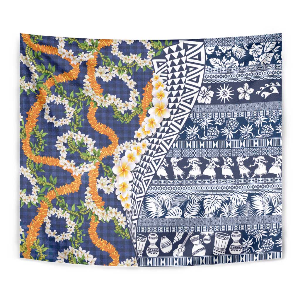 Hawaiian Plumeria Lei Tapestry Kakau Motifs and Palaka Half Style Blue Color - Polynesian Pride