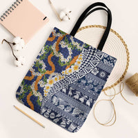 Hawaiian Plumeria Lei Tote Bag Kakau Motifs and Palaka Half Style Blue Color LT03 Black Strap One Size Blue - Polynesian Pride