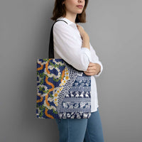 Hawaiian Plumeria Lei Tote Bag Kakau Motifs and Palaka Half Style Blue Color LT03 - Polynesian Pride