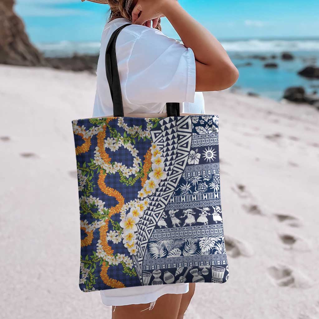 Hawaiian Plumeria Lei Tote Bag Kakau Motifs and Palaka Half Style Blue Color LT03 - Polynesian Pride