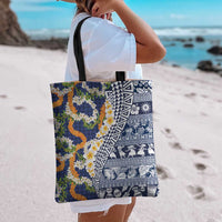 Hawaiian Plumeria Lei Tote Bag Kakau Motifs and Palaka Half Style Blue Color LT03 - Polynesian Pride