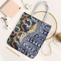 Hawaiian Plumeria Lei Tote Bag Kakau Motifs and Palaka Half Style Blue Color LT03 White Strap One Size Blue - Polynesian Pride