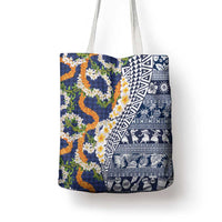Hawaiian Plumeria Lei Tote Bag Kakau Motifs and Palaka Half Style Blue Color LT03 - Polynesian Pride