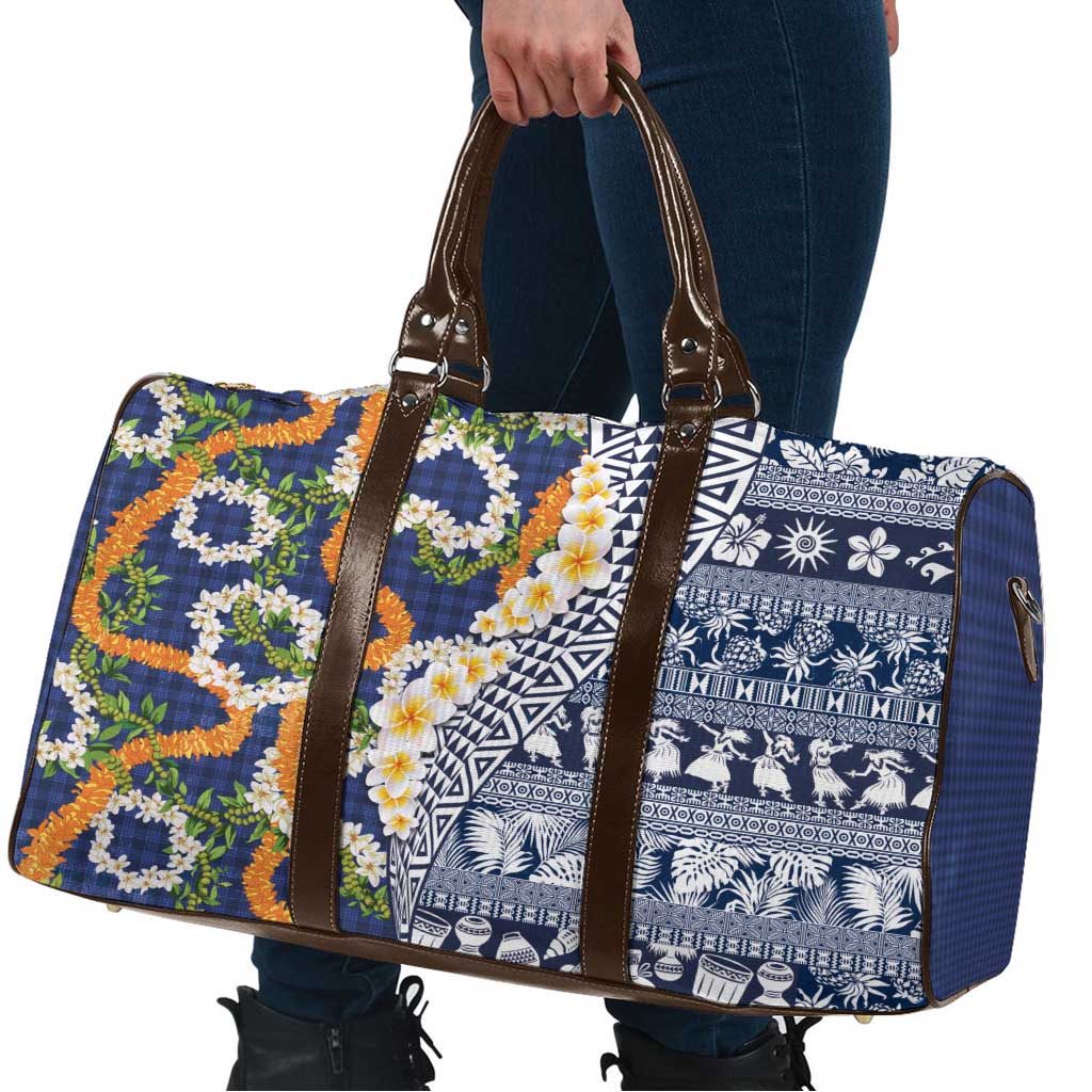 Hawaiian Plumeria Lei Travel Bag Kakau Motifs and Palaka Half Style Blue Color LT03 - Polynesian Pride
