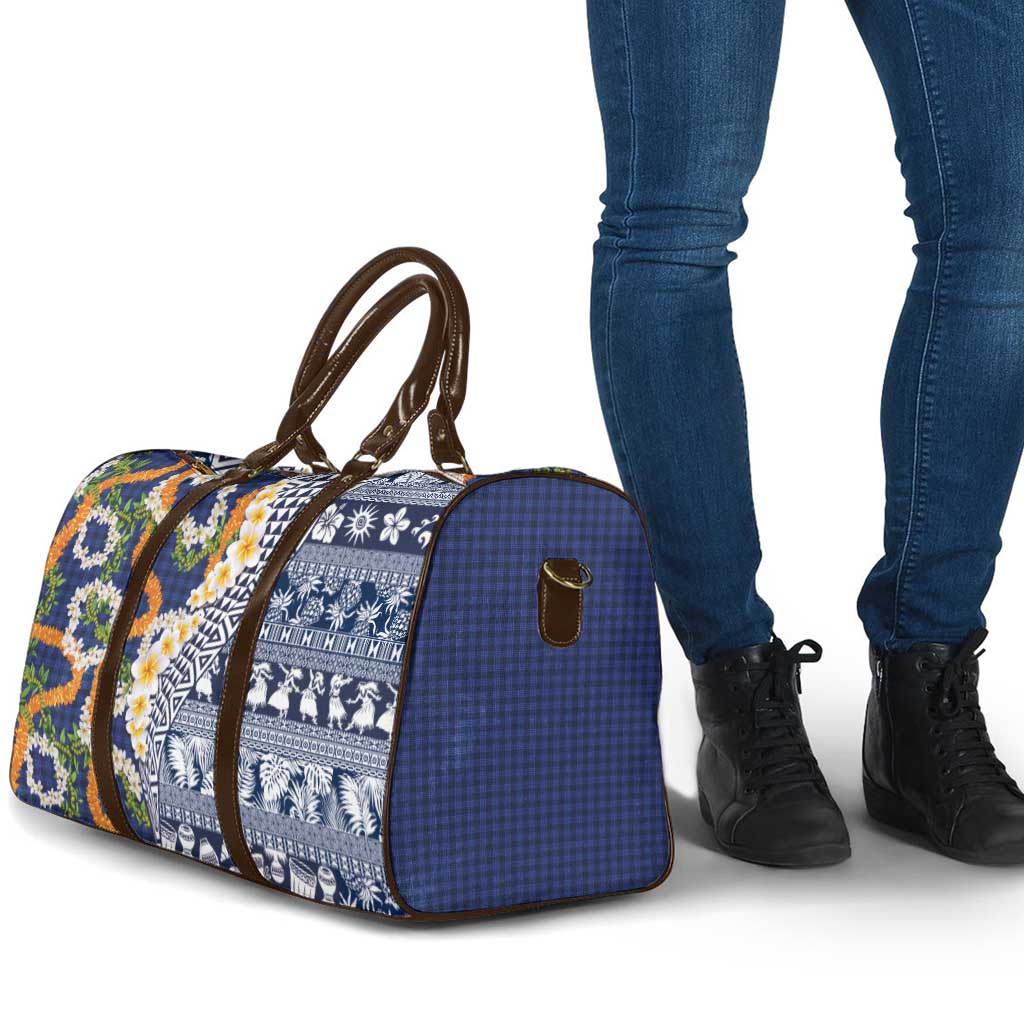 Hawaiian Plumeria Lei Travel Bag Kakau Motifs and Palaka Half Style Blue Color LT03 - Polynesian Pride