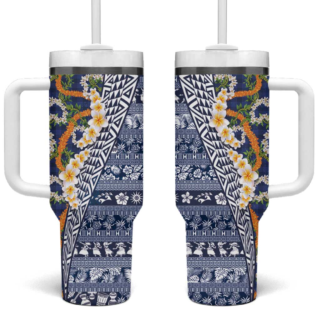Hawaiian Plumeria Lei Tumbler With Handle Kakau Motifs and Palaka Half Style Blue Color LT03 One Size: 40 oz Blue - Polynesian Pride