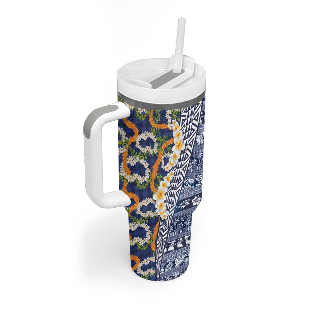 Hawaiian Plumeria Lei Tumbler With Handle Kakau Motifs and Palaka Half Style Blue Color LT03 - Polynesian Pride