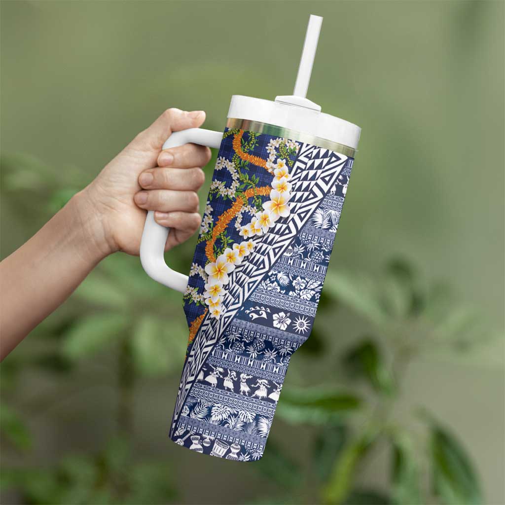 Hawaiian Plumeria Lei Tumbler With Handle Kakau Motifs and Palaka Half Style Blue Color LT03 - Polynesian Pride