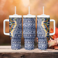 Hawaiian Plumeria Lei Tumbler With Handle Kakau Motifs and Palaka Half Style Blue Color LT03 - Polynesian Pride